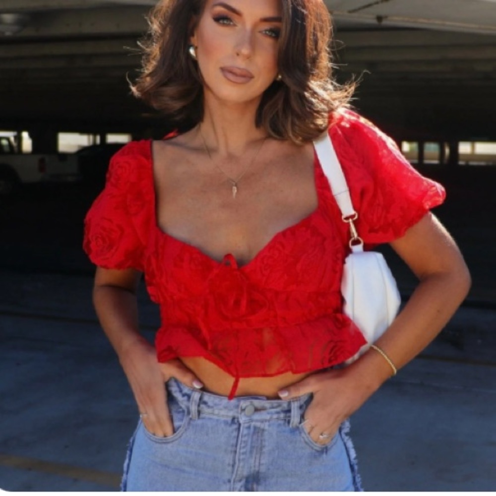Red Puff Sleeve Crop Blouse with Tie Front